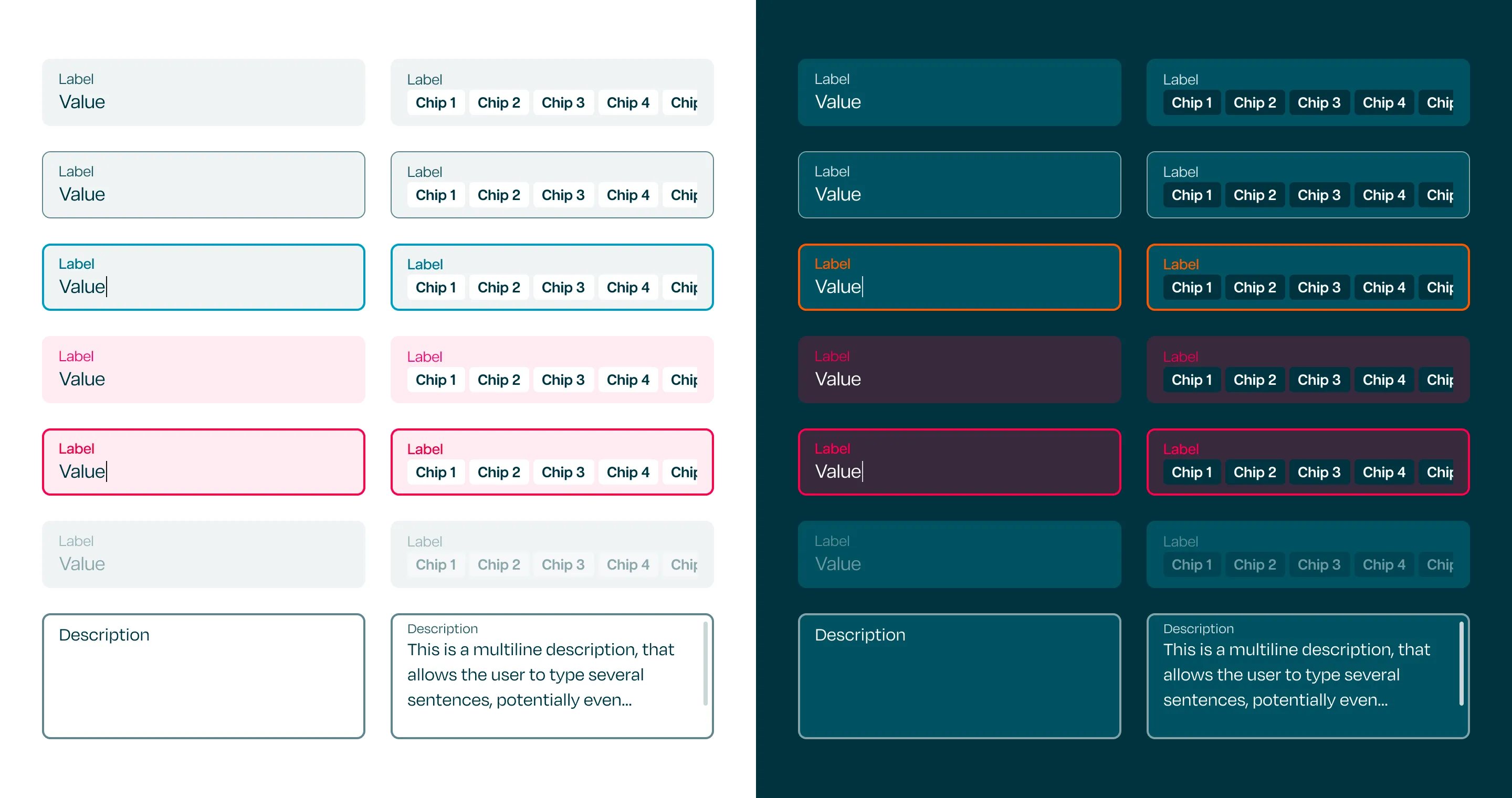 Cana Input Fields in various states in both light and dark mode