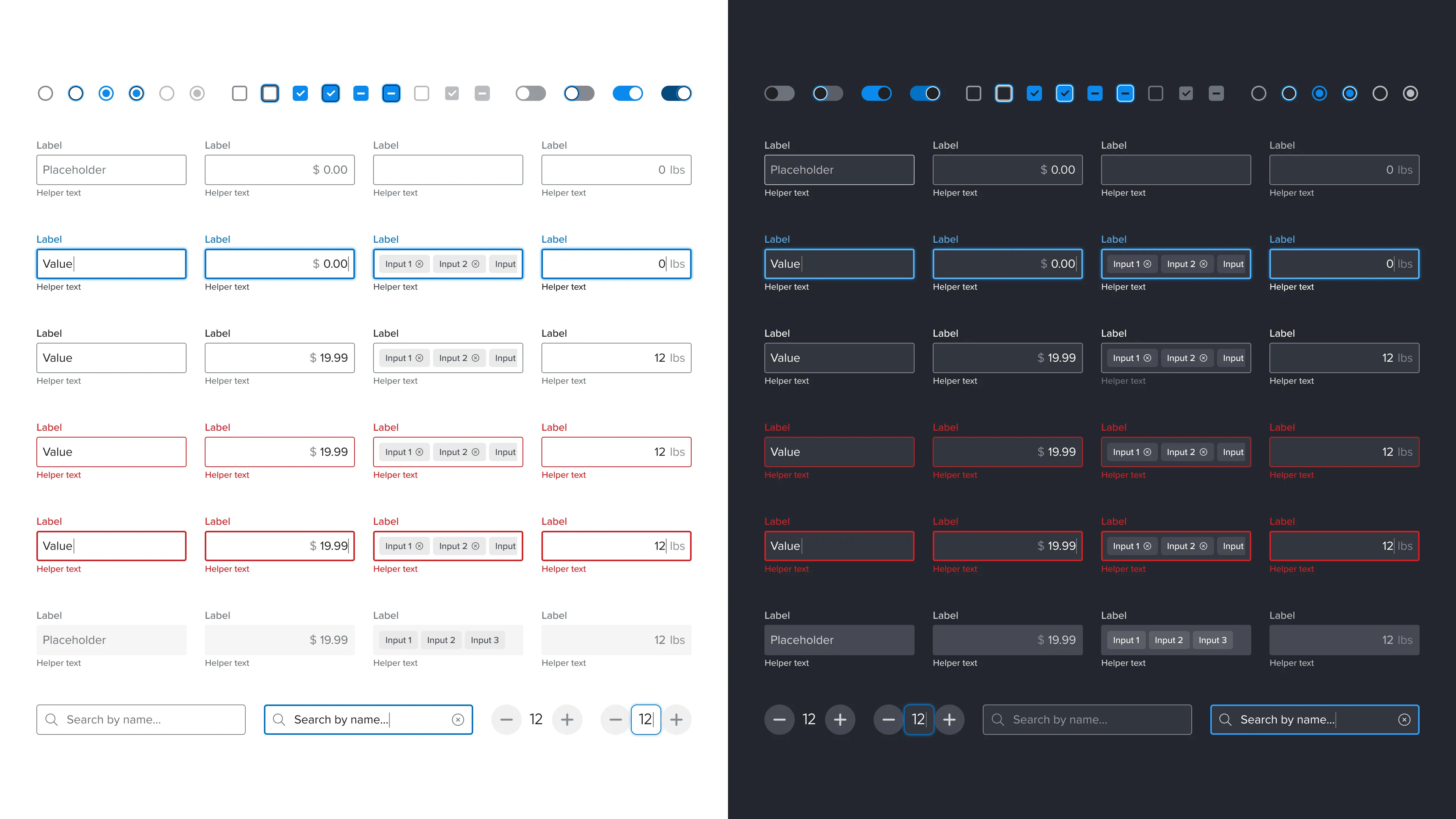 Checkboxes, Radio Buttons, Switches, Text Input fields, Increment fields and search bar redesigned for Cart Design System