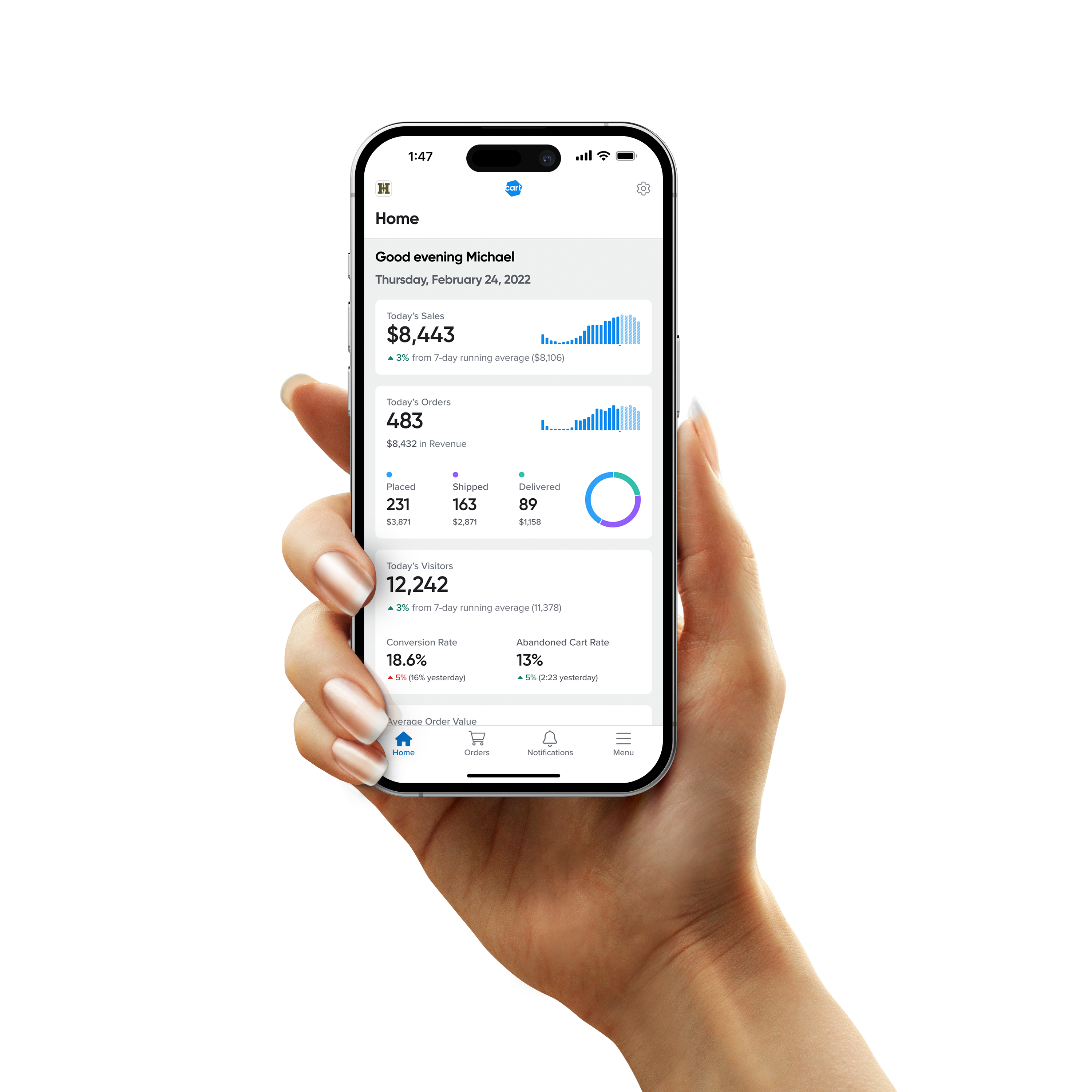 Woman's right hand holding phone front-facing showing Cart Merchant Home screen.