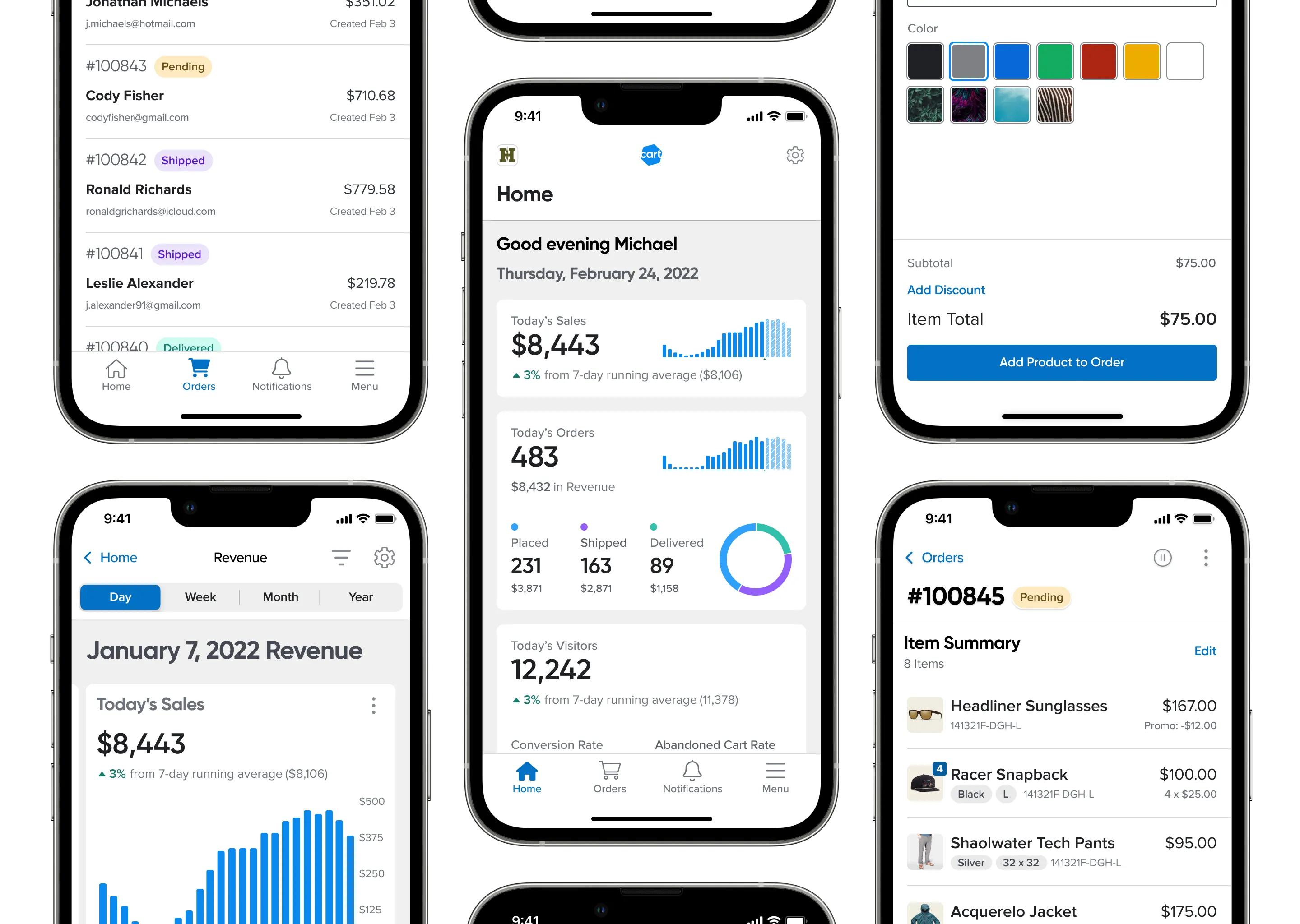 Grid of iPhones with Cart Merchant Mobile app screens displayed