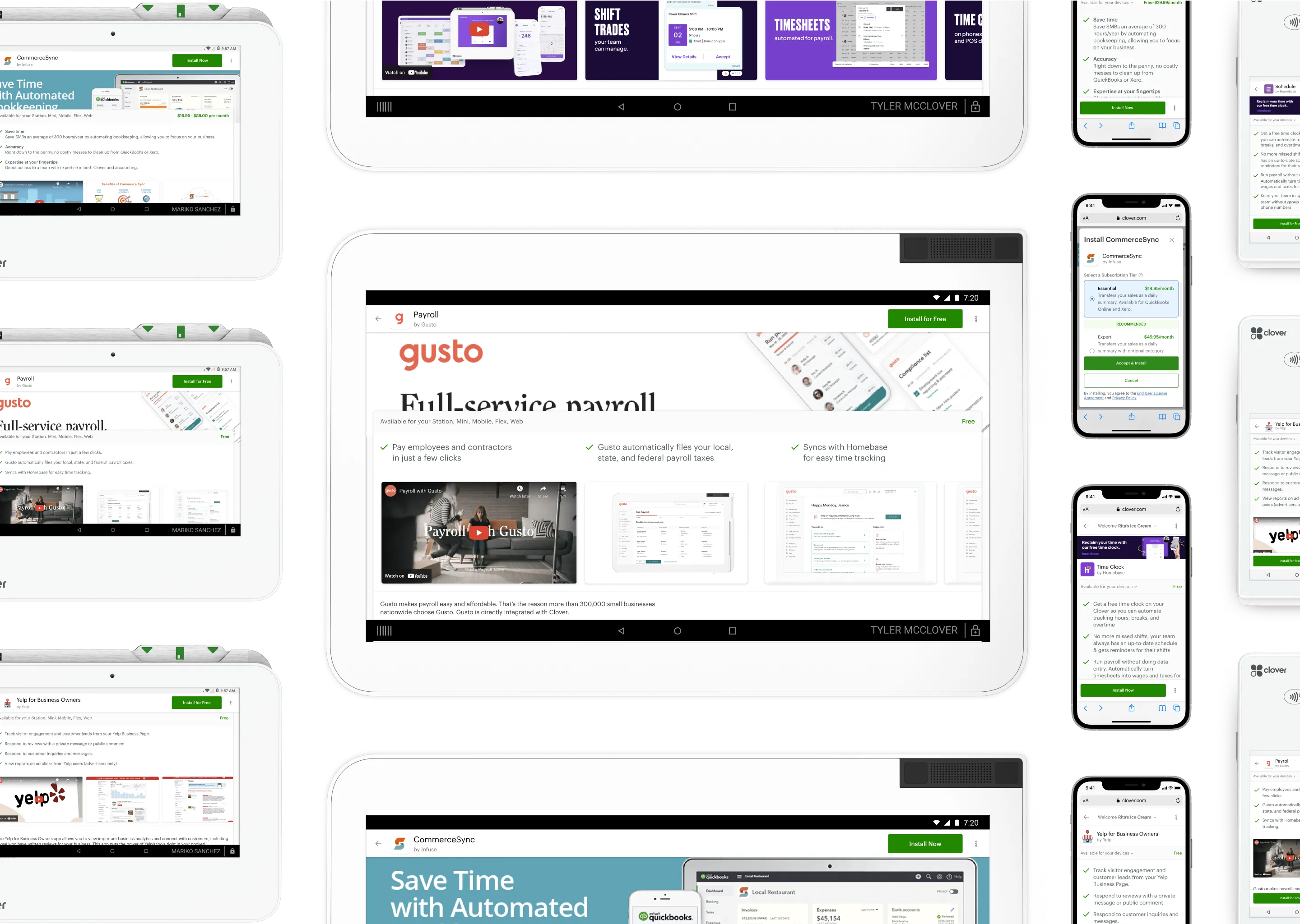 Grid of Clover devices with App Market Detail screens displayed