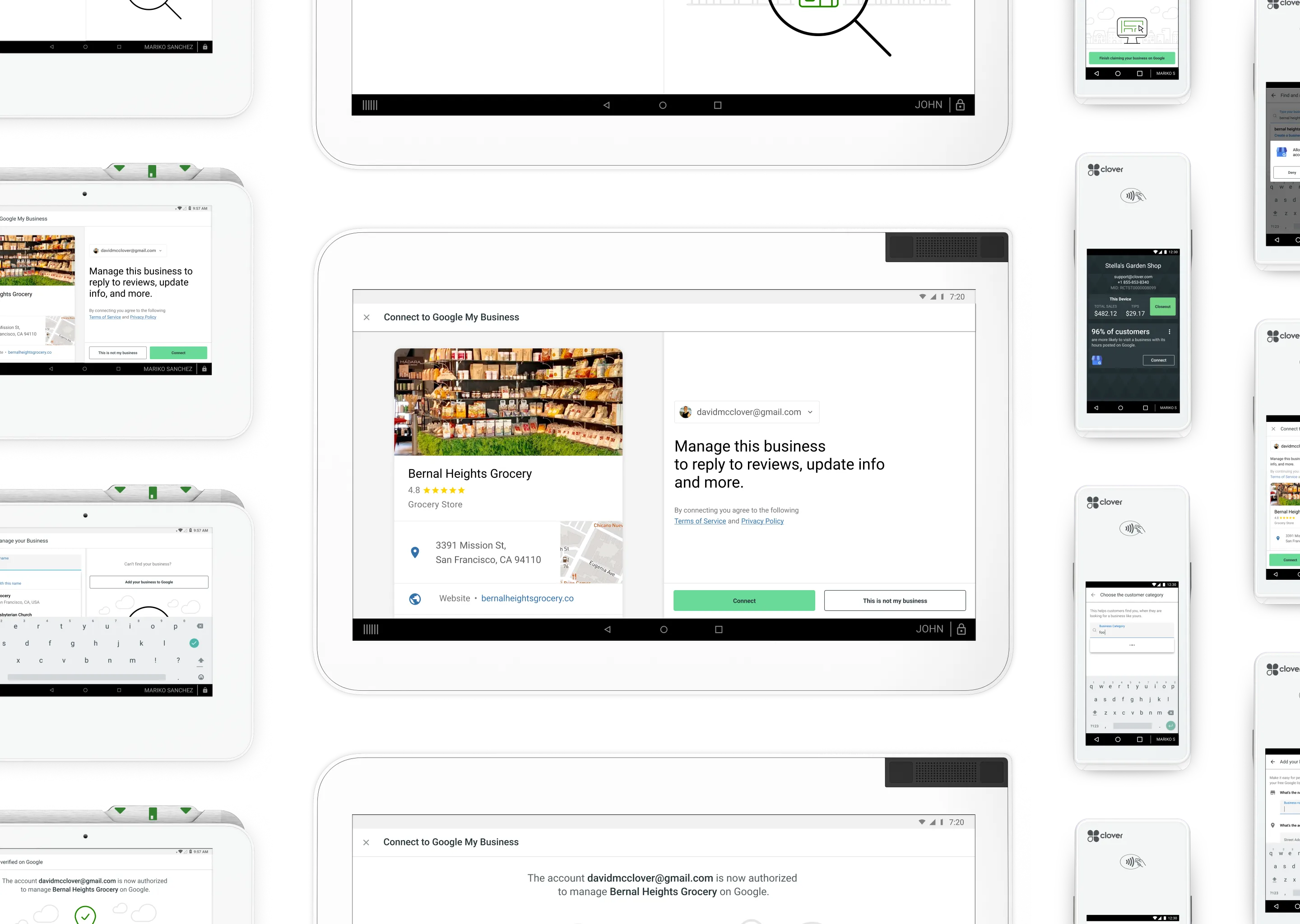 Grid of Clover devices with Google My Business screens displayed