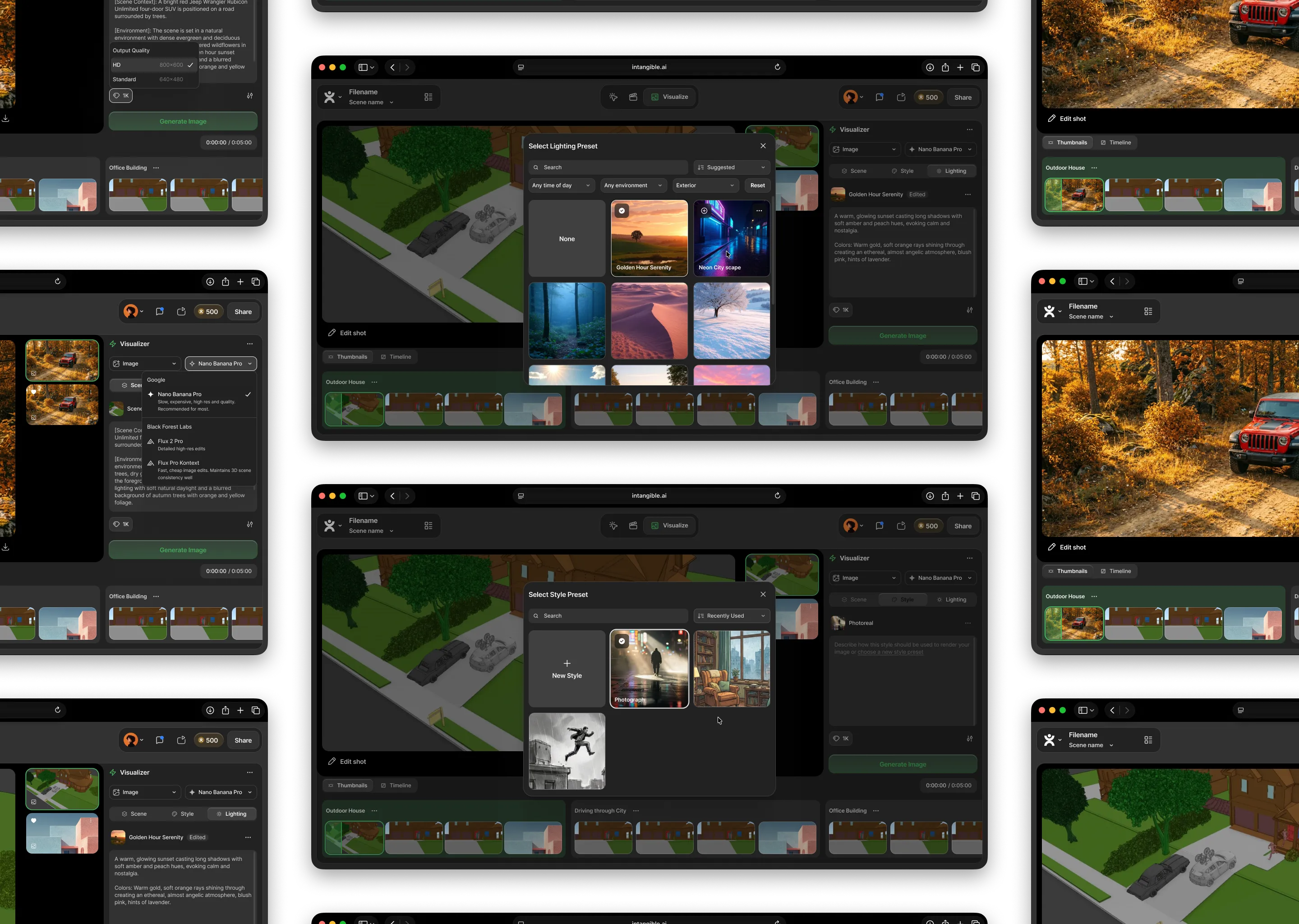 2 Columns of browsers showing the Style & Lighting Presets interface