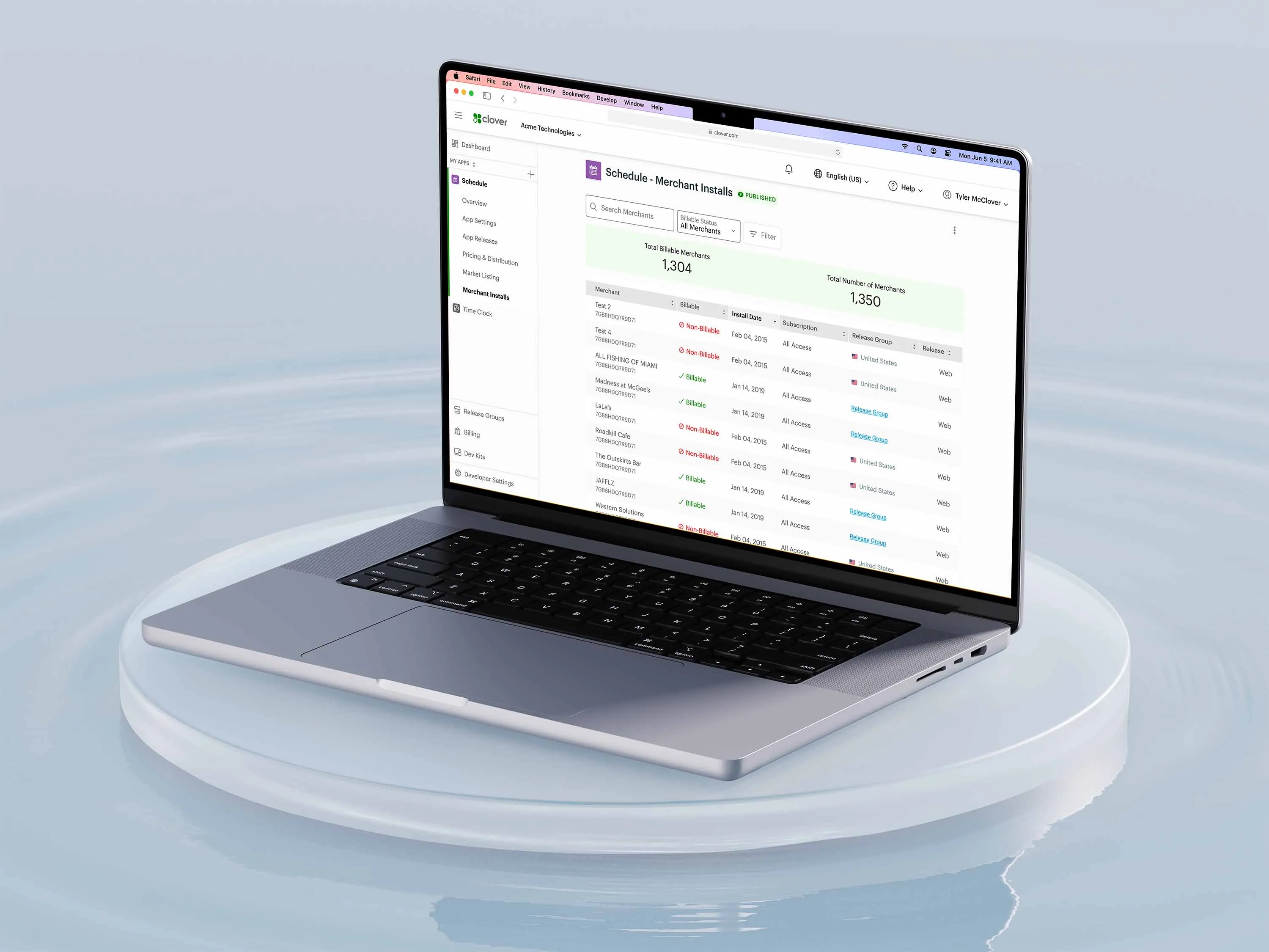 Macbook Pro on abstract platform showing Merchant Installs page redesign