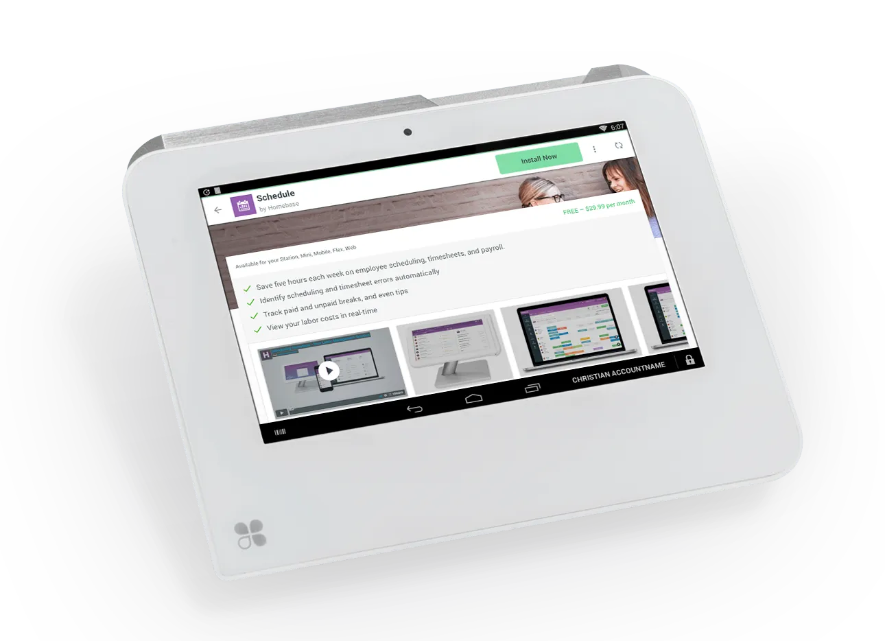 Clover Mini at 20 degree rotation from above with App Market Detail page visible