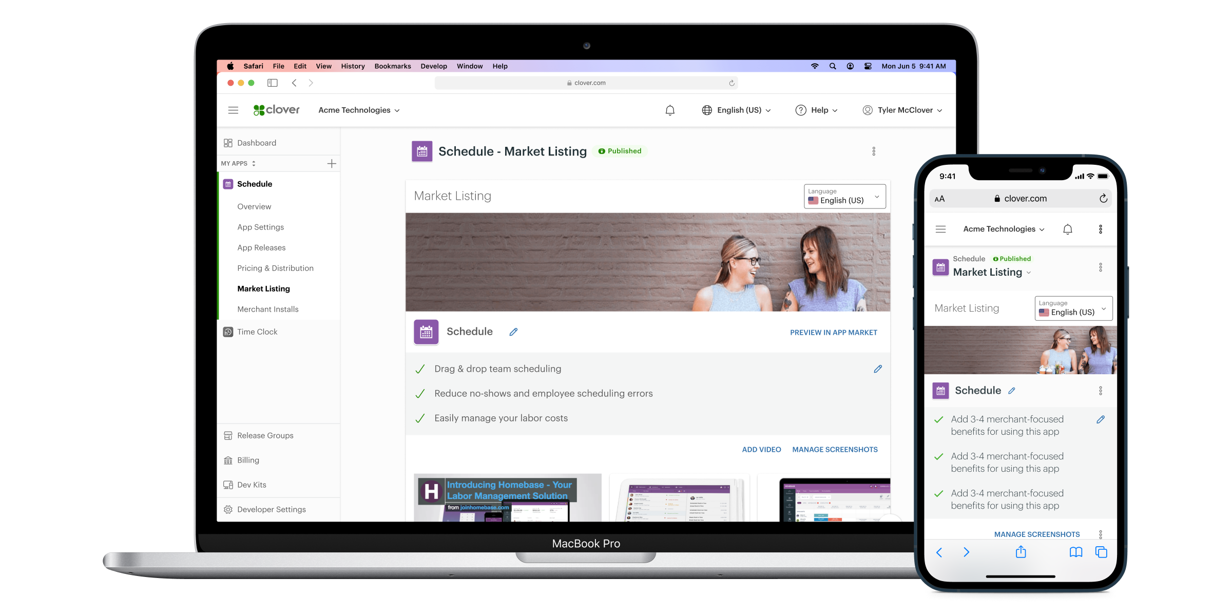 A Macbook Pro and iPhone with the redesigned developer dashboard.