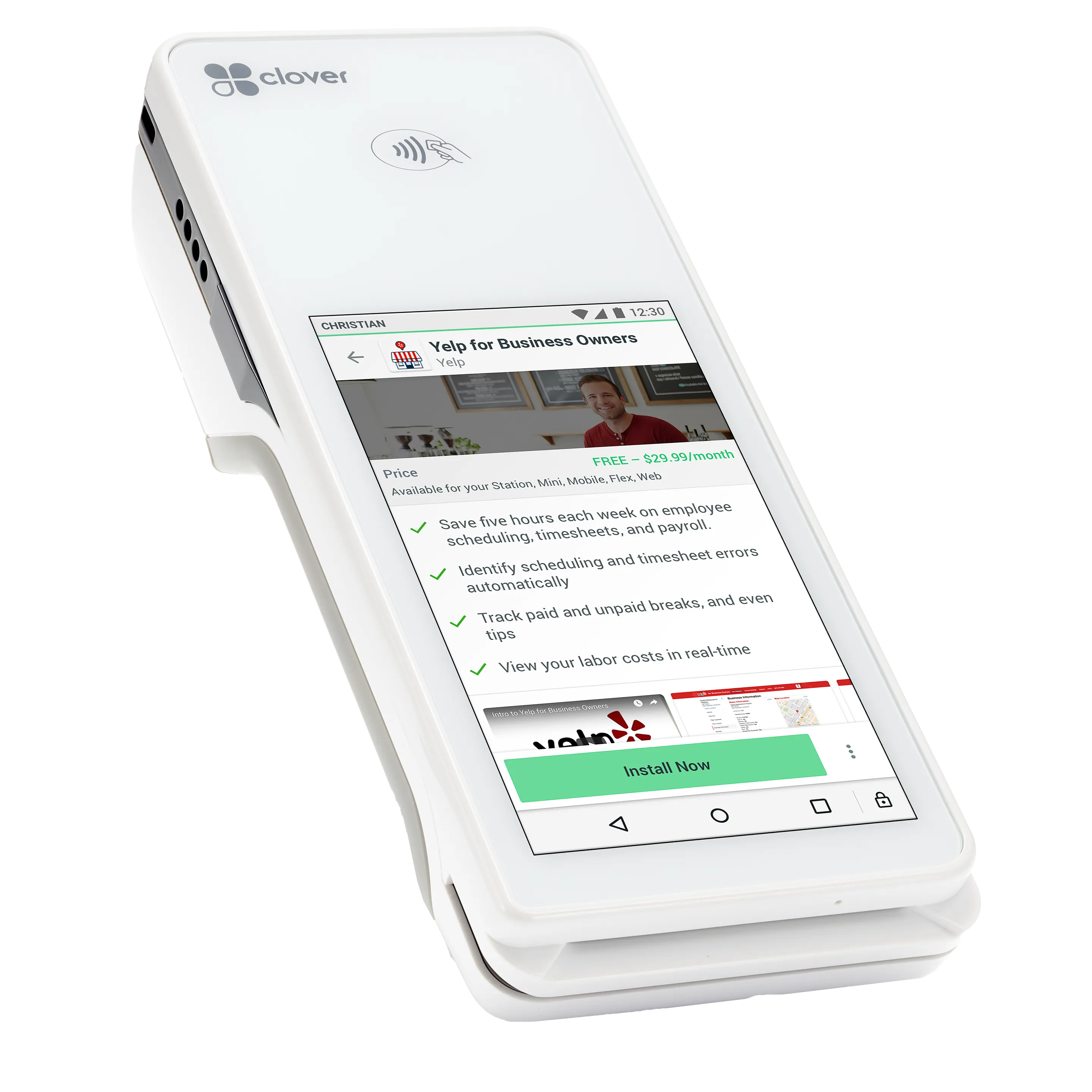 Clover Flex with App Market Detail page for Yelp Business Connector app