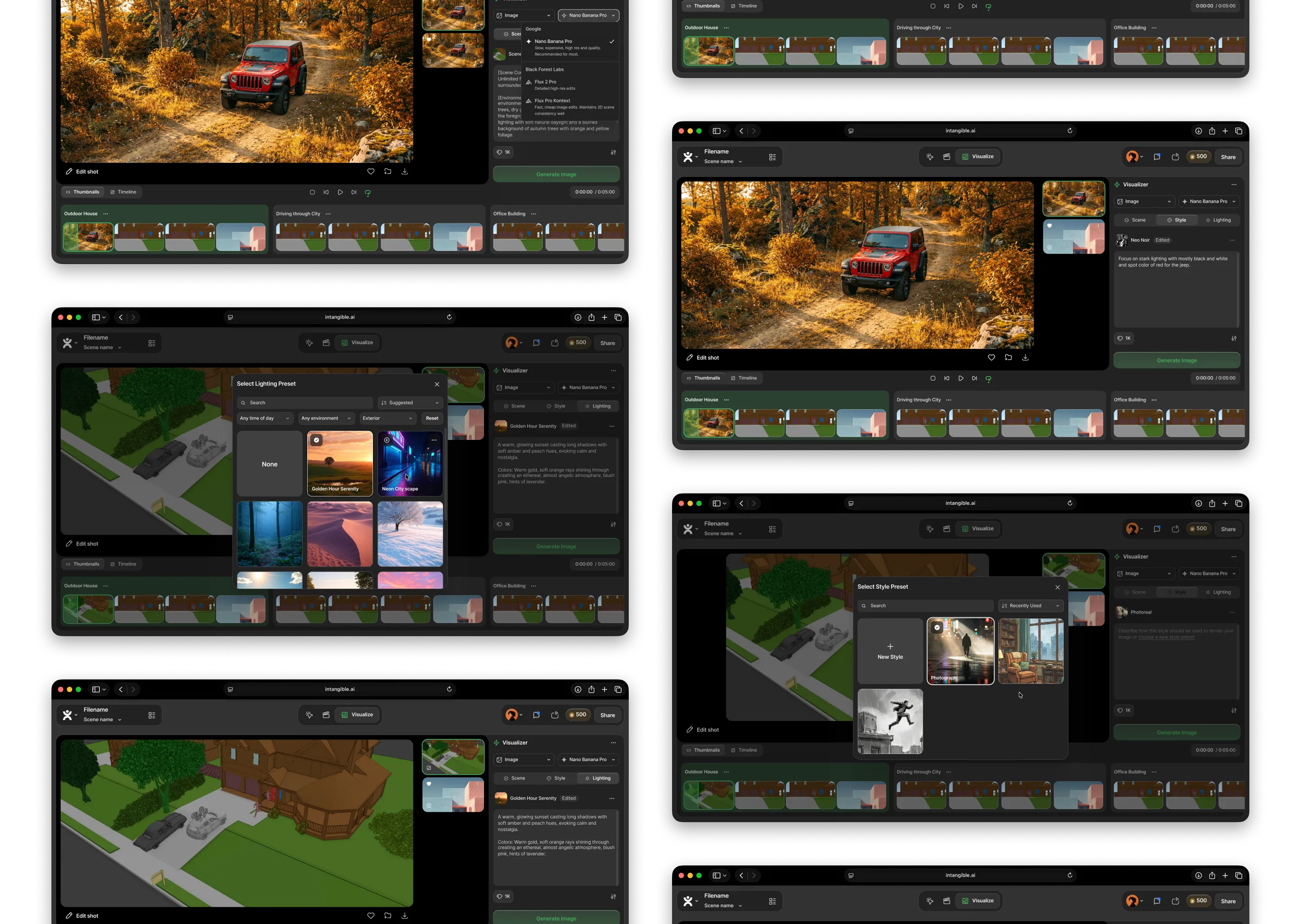 2 Columns of browsers showing the Style & Lighting Presets interface
