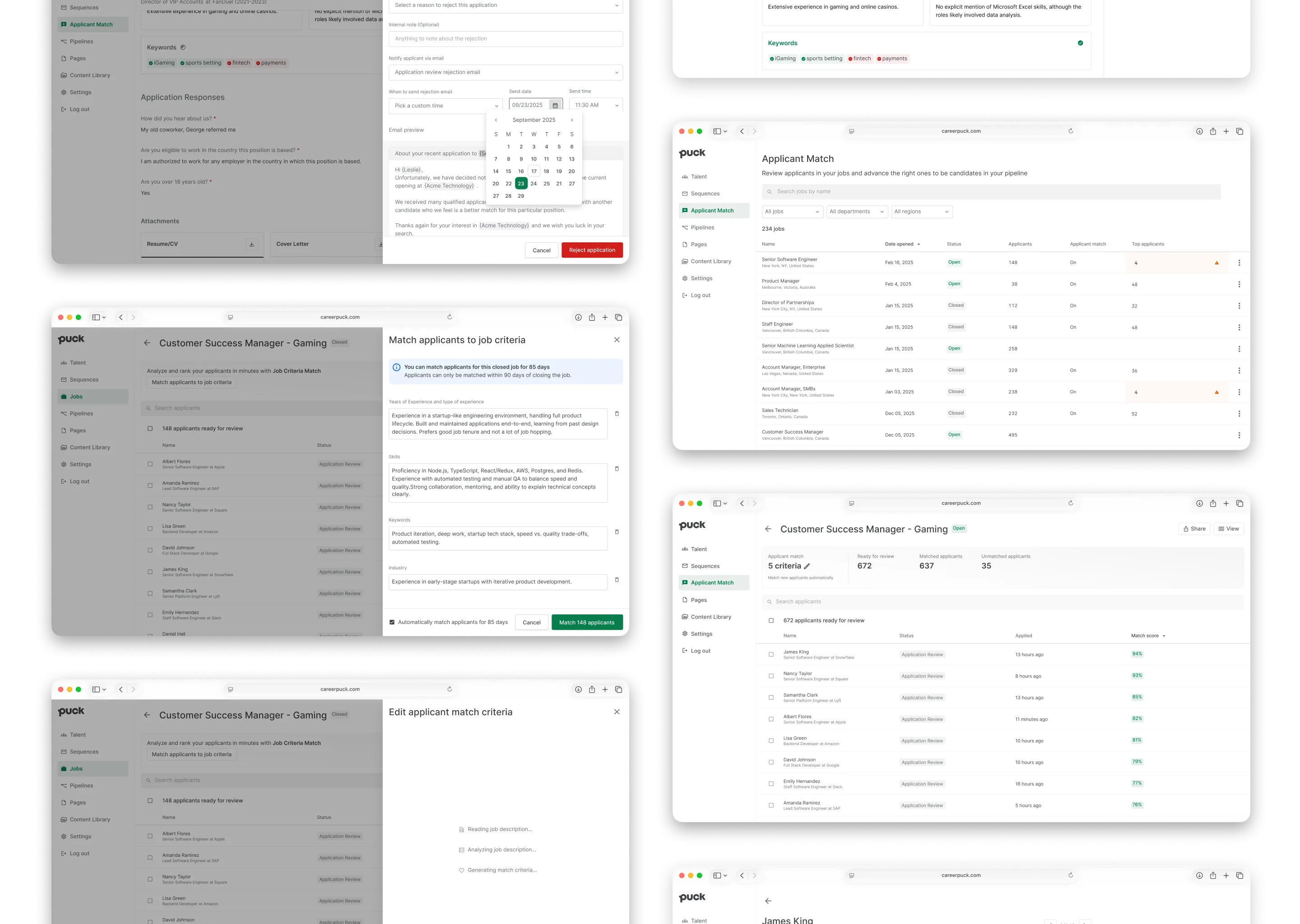 Applicant Match screens as browsers in a 2 column format