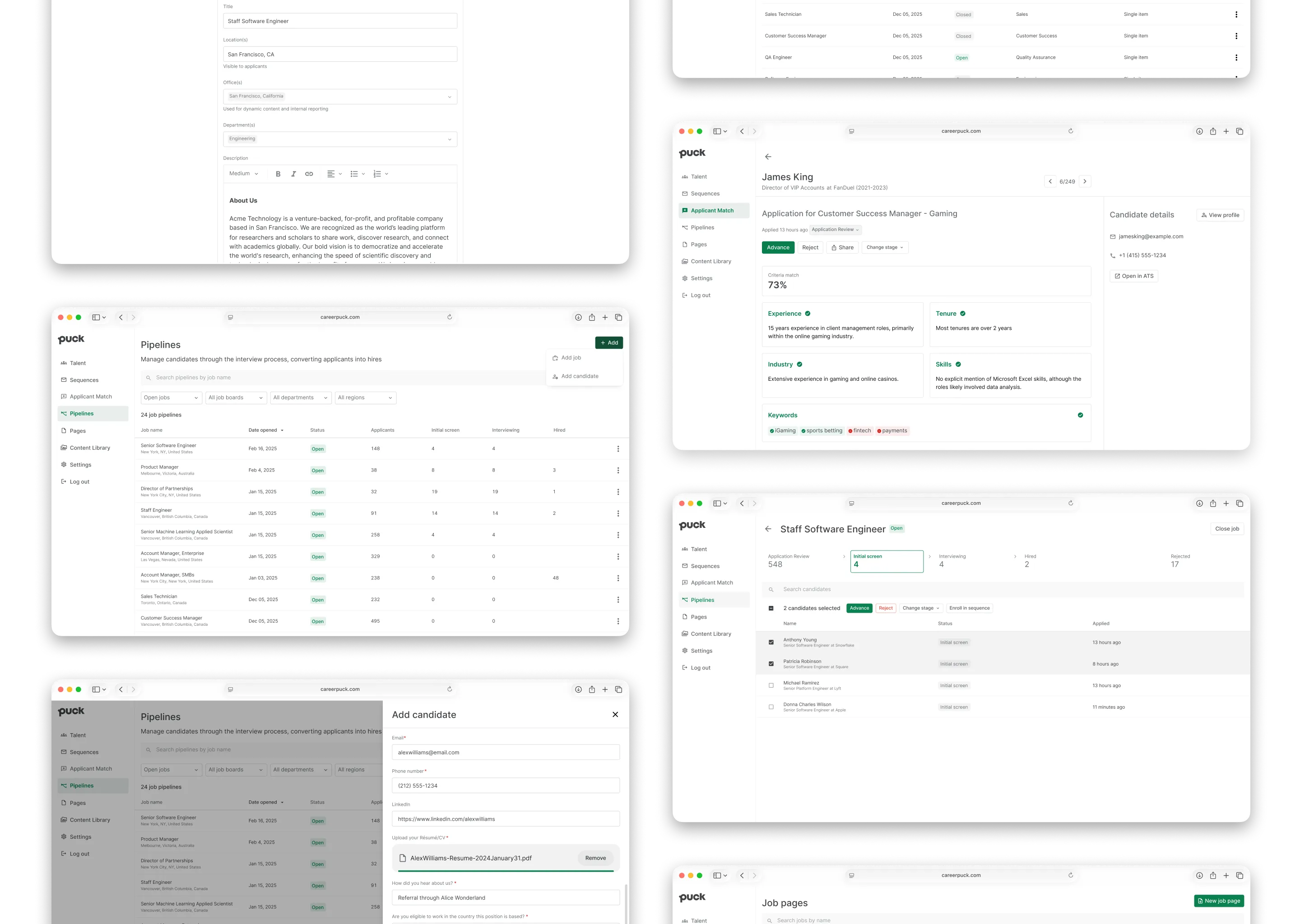 2 Columns of screens of the Puck ATS interface