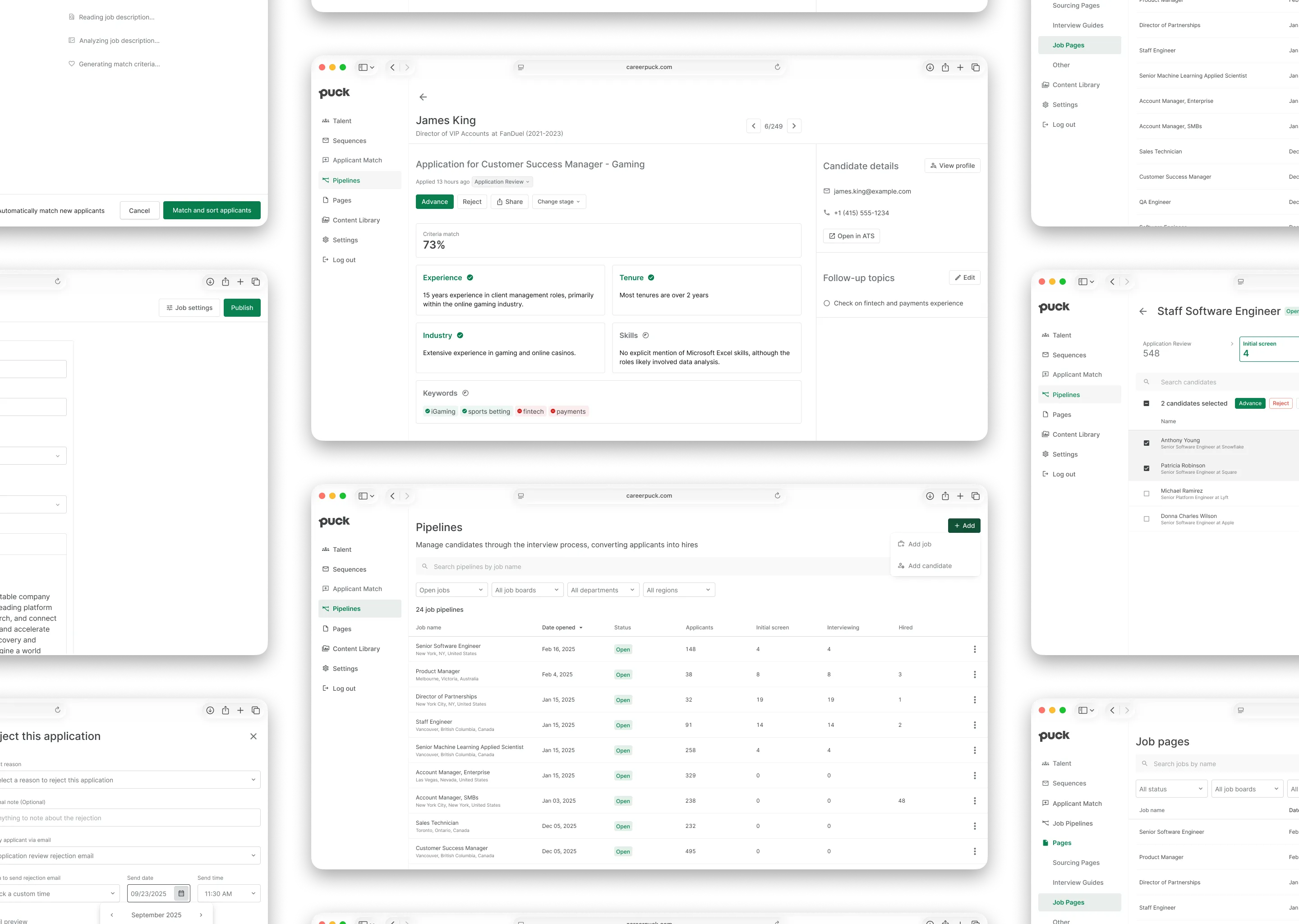 3 Columns of screens of the Puck ATS interface