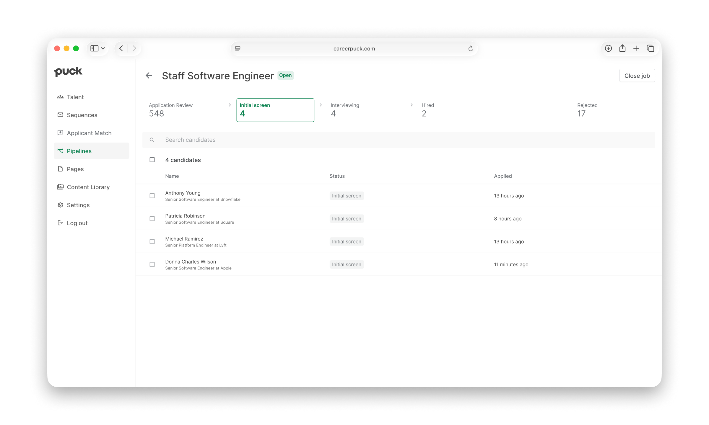 Browser with Puck ATS Pipelines page shown with 4 candidates in Initial Screen