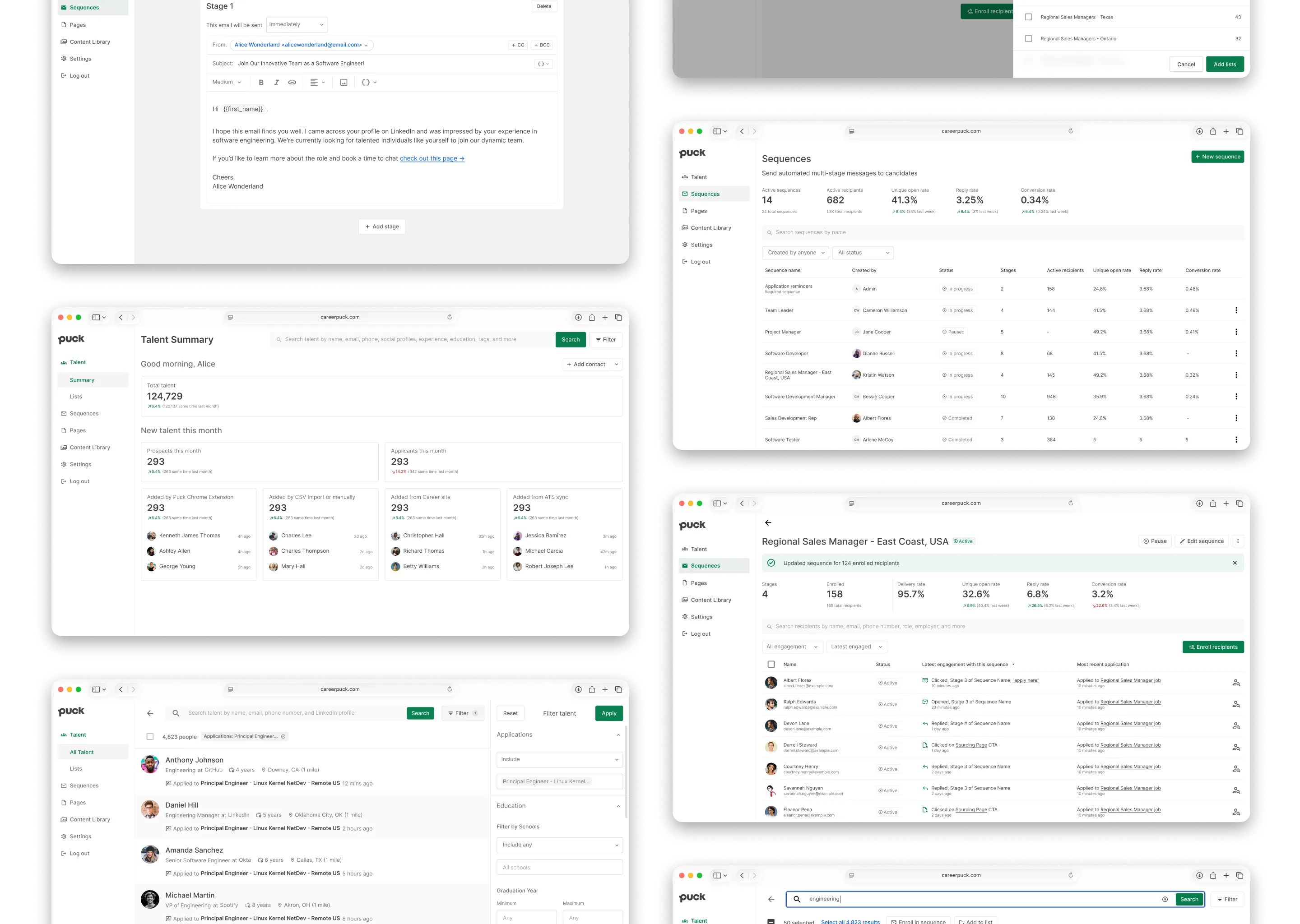 2 Columns of screens of the Puck Talent CRM interface