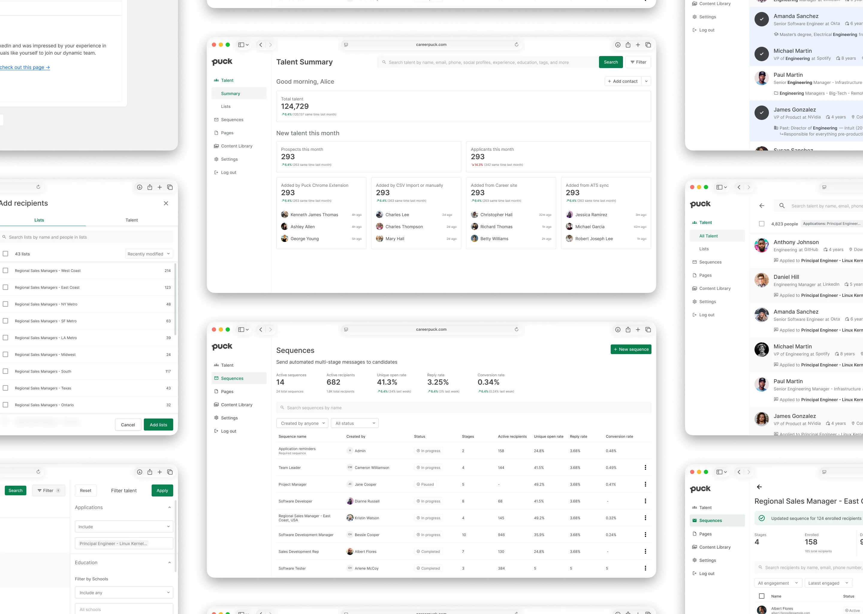 3 Columns of screens of the Puck Talent CRM interface