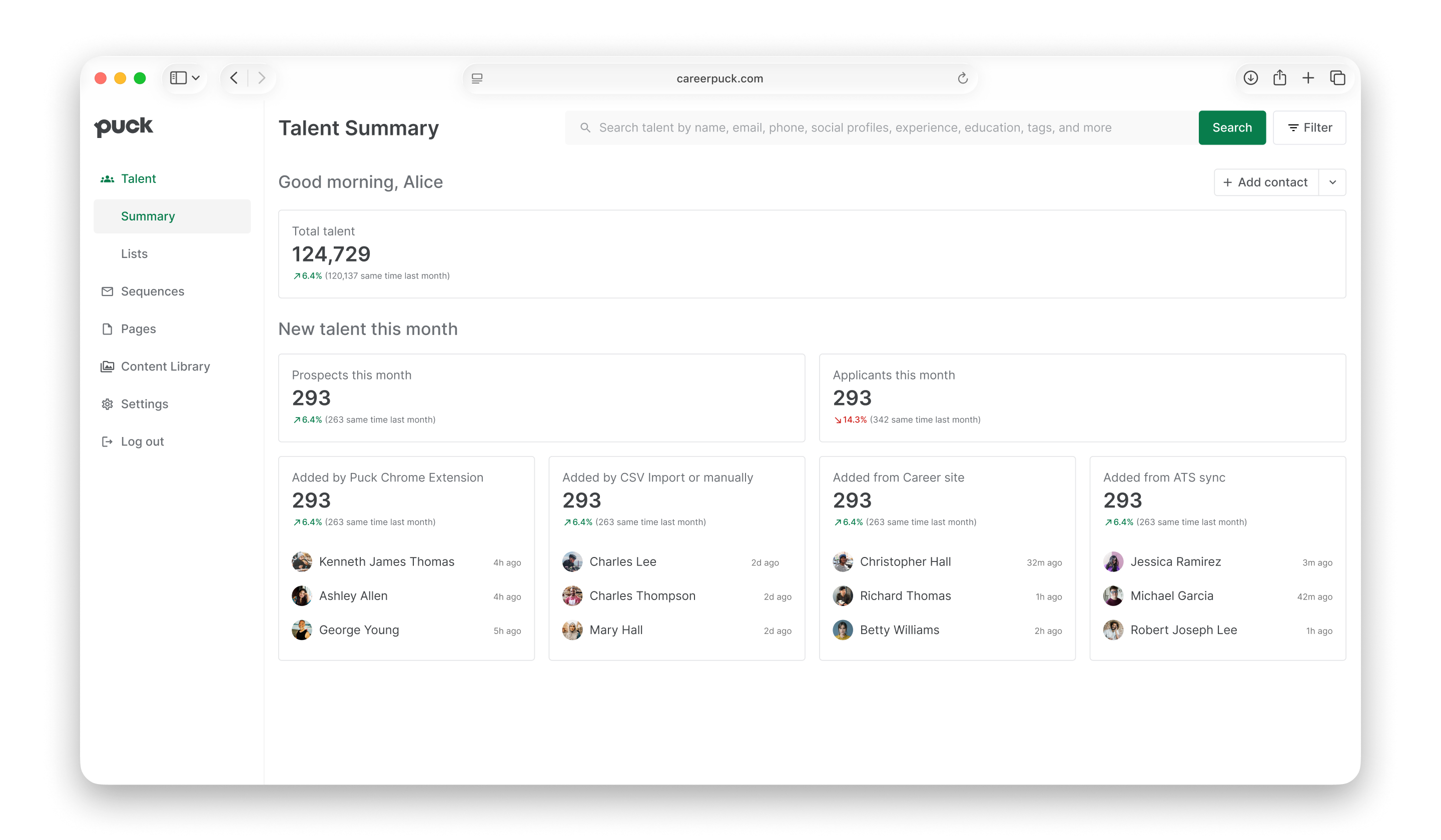 Talent CRM interface showing candidate pool search