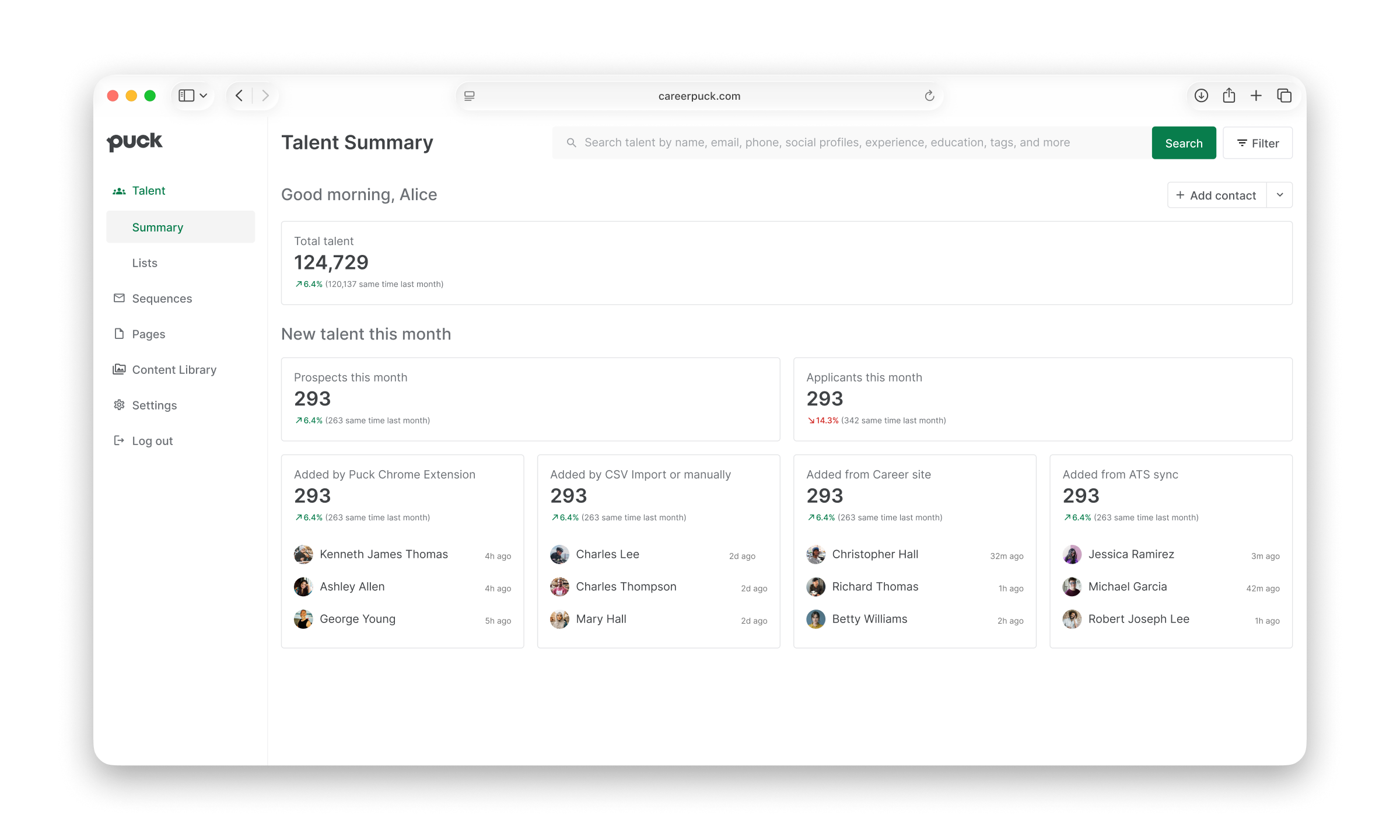Talent CRM interface showing candidate pool search